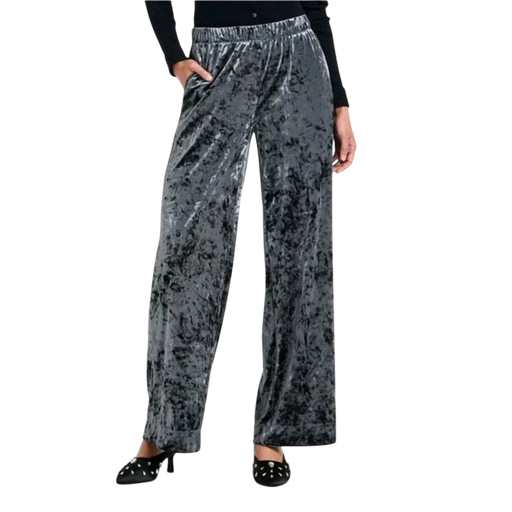 A New Day Women's Gray Crushed Velvet Wide Leg Pull On Pants Size Large
